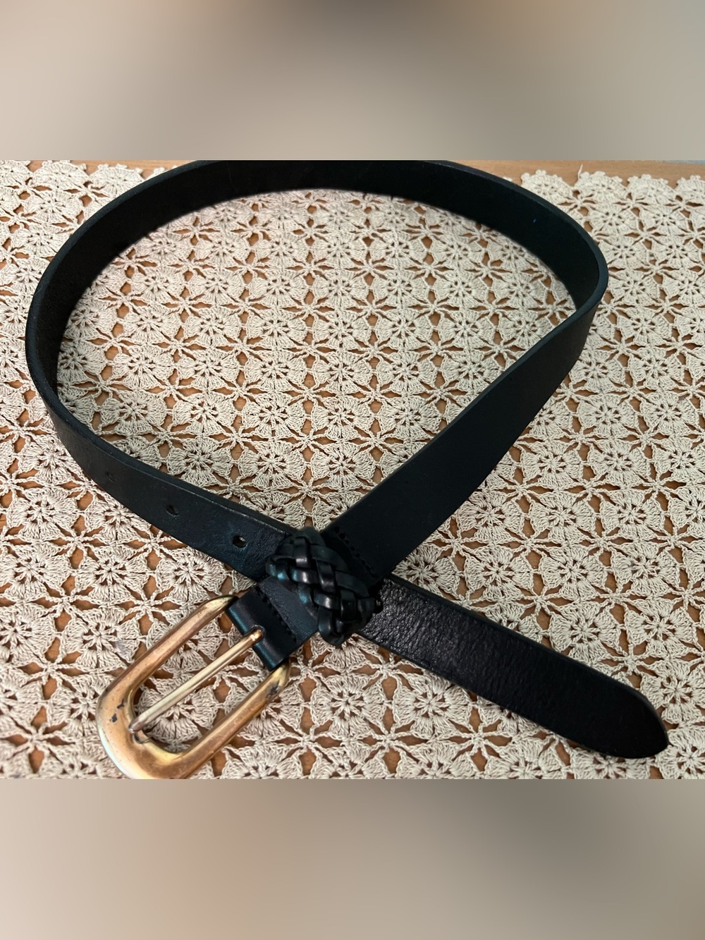 Black Leather Belt with Braided Knot and Brass Buckle